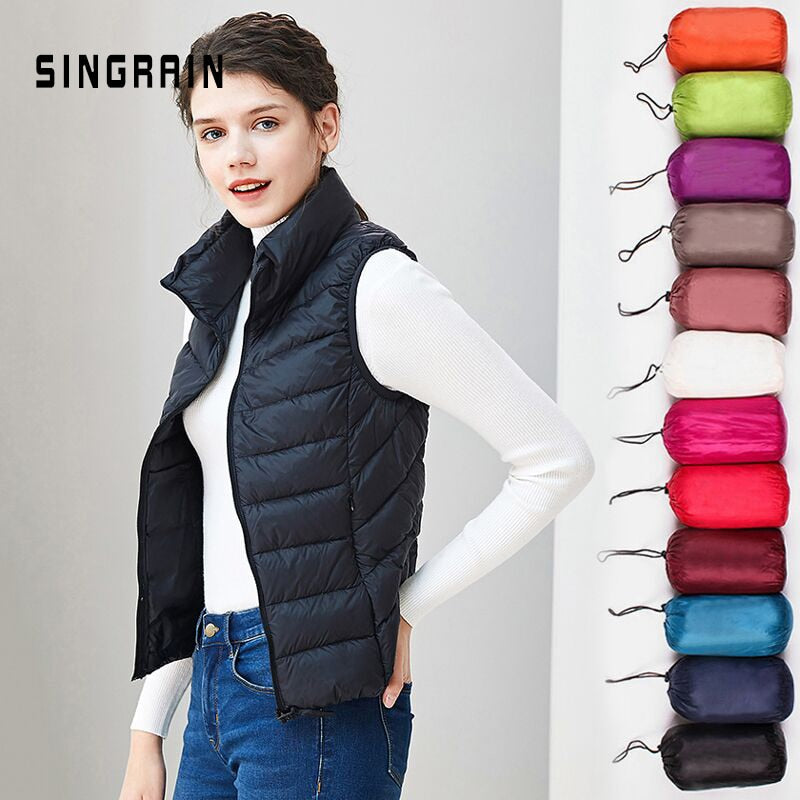 SINGRAIN Women down vest jacket 100% White Duck Down Vest ultra light sleeveless vest jacket winter warm plus size waistcoat