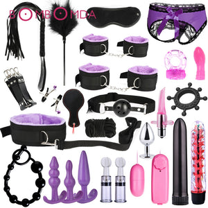 26 PCS Adults Sex Toys For Women Men Handcuffs Nipple Clamps Whip Spanking Sex Metal Anal Plug Vibrator Butt Bdsm Bondage Set