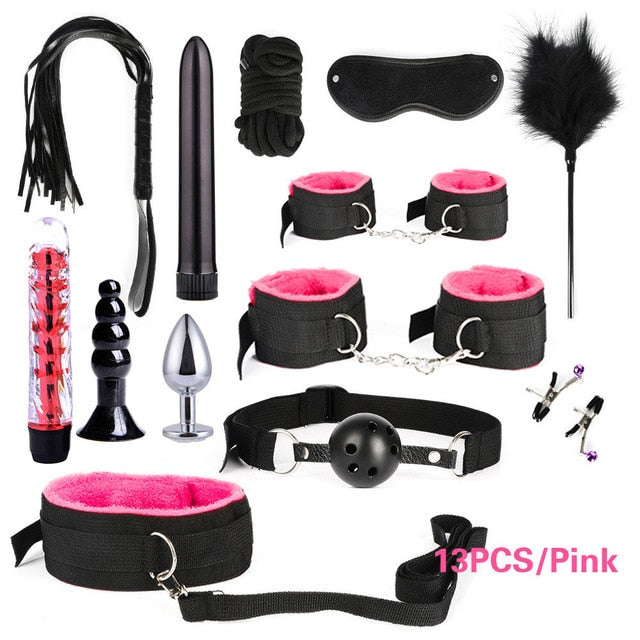 26 PCS Adults Sex Toys For Women Men Handcuffs Nipple Clamps Whip Spanking Sex Metal Anal Plug Vibrator Butt Bdsm Bondage Set