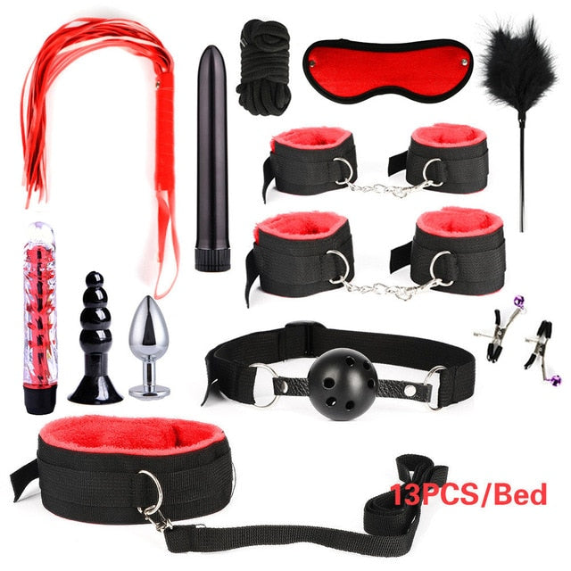 26 PCS Adults Sex Toys For Women Men Handcuffs Nipple Clamps Whip Spanking Sex Metal Anal Plug Vibrator Butt Bdsm Bondage Set