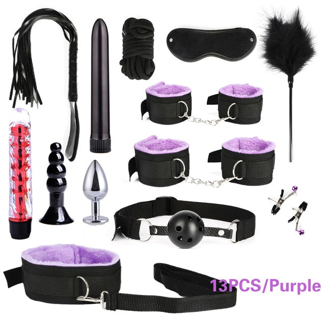 26 PCS Adults Sex Toys For Women Men Handcuffs Nipple Clamps Whip Spanking Sex Metal Anal Plug Vibrator Butt Bdsm Bondage Set