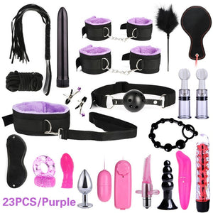 26 PCS Adults Sex Toys For Women Men Handcuffs Nipple Clamps Whip Spanking Sex Metal Anal Plug Vibrator Butt Bdsm Bondage Set