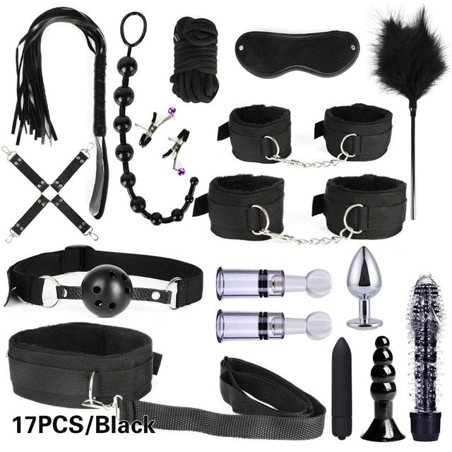 26 PCS Adults Sex Toys For Women Men Handcuffs Nipple Clamps Whip Spanking Sex Metal Anal Plug Vibrator Butt Bdsm Bondage Set