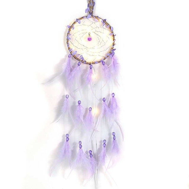 Girl Heart Dream Catcher National Feather Ornaments Lace Ribbons Feathers Wrapped Lights Girls Room Decor Dreamcatcher