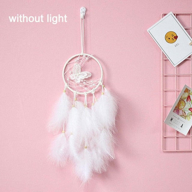 Girl Heart Dream Catcher National Feather Ornaments Lace Ribbons Feathers Wrapped Lights Girls Room Decor Dreamcatcher