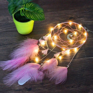 Girl Heart Dream Catcher National Feather Ornaments Lace Ribbons Feathers Wrapped Lights Girls Room Decor Dreamcatcher