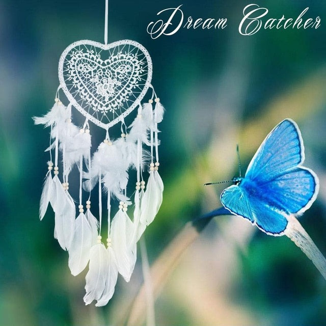 Girl Heart Dream Catcher National Feather Ornaments Lace Ribbons Feathers Wrapped Lights Girls Room Decor Dreamcatcher