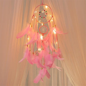 Girl Heart Dream Catcher National Feather Ornaments Lace Ribbons Feathers Wrapped Lights Girls Room Decor Dreamcatcher