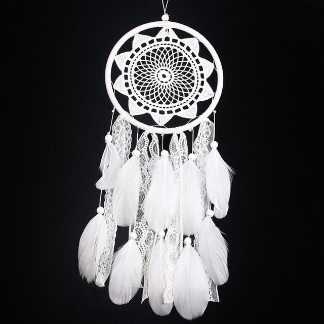 Girl Heart Dream Catcher National Feather Ornaments Lace Ribbons Feathers Wrapped Lights Girls Room Decor Dreamcatcher