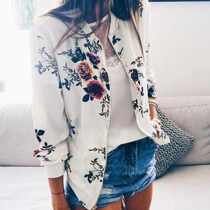 Plus Size Printed Bomber Jacket Women Pockets Zipper Long Sleeve Coat Female Flower Chiffon White Jacket Woman Spring 2019