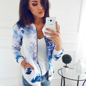 Plus Size Printed Bomber Jacket Women Pockets Zipper Long Sleeve Coat Female Flower Chiffon White Jacket Woman Spring 2019