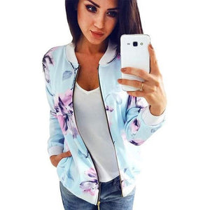 Plus Size Printed Bomber Jacket Women Pockets Zipper Long Sleeve Coat Female Flower Chiffon White Jacket Woman Spring 2019