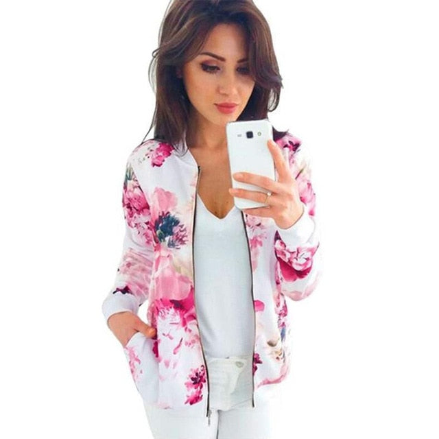 Plus Size Printed Bomber Jacket Women Pockets Zipper Long Sleeve Coat Female Flower Chiffon White Jacket Woman Spring 2019