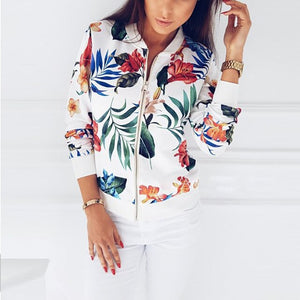 Plus Size Printed Bomber Jacket Women Pockets Zipper Long Sleeve Coat Female Flower Chiffon White Jacket Woman Spring 2019