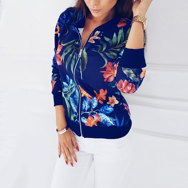 Plus Size Printed Bomber Jacket Women Pockets Zipper Long Sleeve Coat Female Flower Chiffon White Jacket Woman Spring 2019