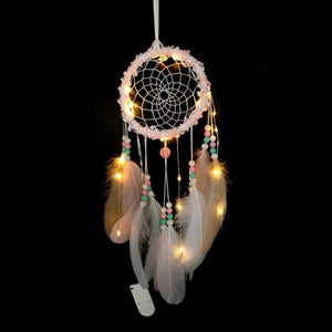 Girl Heart Dream Catcher National Feather Ornaments Lace Ribbons Feathers Wrapped Lights Girls Room Decor Dreamcatcher