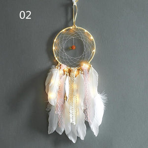 Girl Heart Dream Catcher National Feather Ornaments Lace Ribbons Feathers Wrapped Lights Girls Room Decor Dreamcatcher