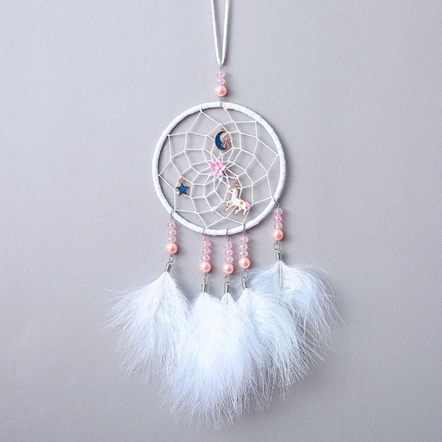 Girl Heart Dream Catcher National Feather Ornaments Lace Ribbons Feathers Wrapped Lights Girls Room Decor Dreamcatcher