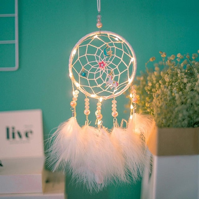 Girl Heart Dream Catcher National Feather Ornaments Lace Ribbons Feathers Wrapped Lights Girls Room Decor Dreamcatcher