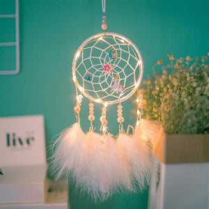 Girl Heart Dream Catcher National Feather Ornaments Lace Ribbons Feathers Wrapped Lights Girls Room Decor Dreamcatcher