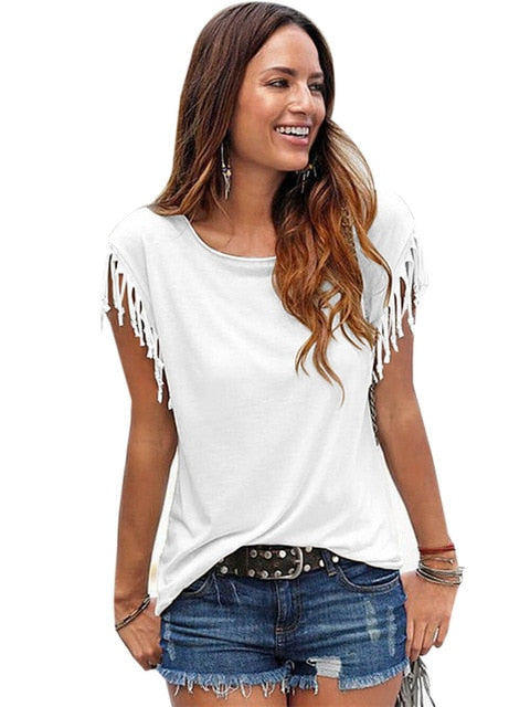 Women Cotton Tassel Casual T-shirt Sleeveless Solid Color Tees Short Sleeve O-neck Women's Clothing t shirt hot sales in 2019