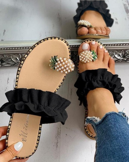 Women Slipper Pineapple Pearl Flat Toe Bohemian Casual Shoes Beach Sandals Ladies Shoes Platform Sandalias De Mujer 2020