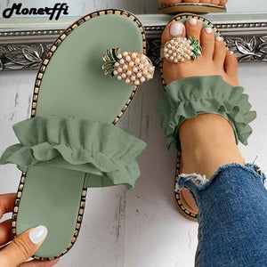 Women Slipper Pineapple Pearl Flat Toe Bohemian Casual Shoes Beach Sandals Ladies Shoes Platform Sandalias De Mujer 2020