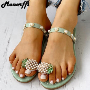 Women Slipper Pineapple Pearl Flat Toe Bohemian Casual Shoes Beach Sandals Ladies Shoes Platform Sandalias De Mujer 2020