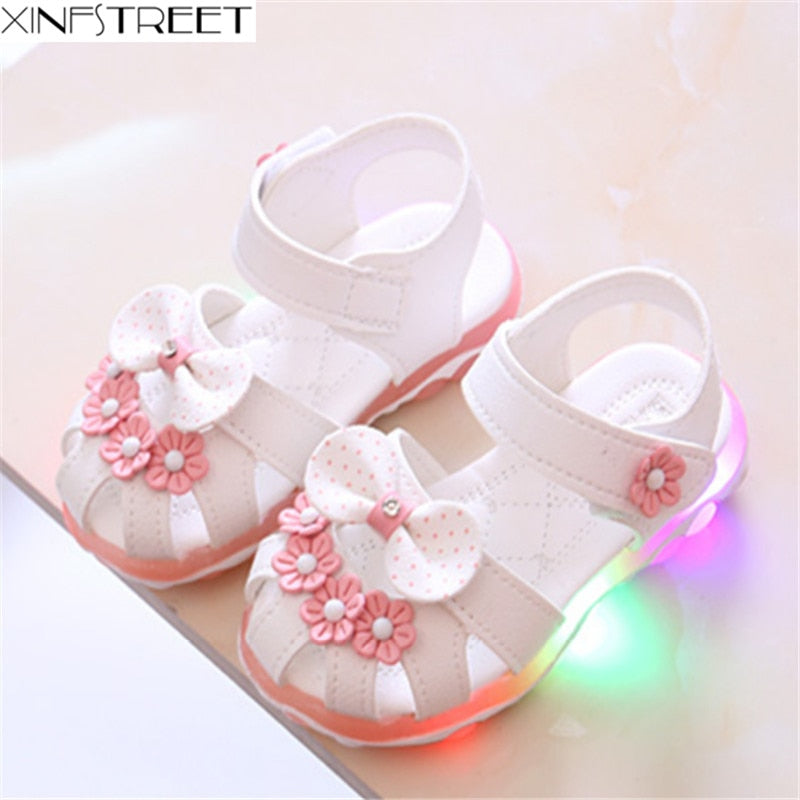 Xinfstreet Baby Toddler Girls Summer Shoes Children Sandals With Light Up Breathable Soft Bow Kids Girls Sandals Size 21-30